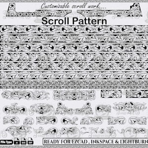 May include: A black and white scroll pattern design with the text "Scroll Pattern" and "Customizable scroll work..." The image includes various scroll patterns and is ready for EZCAD, Inkscape & Lightburn.
