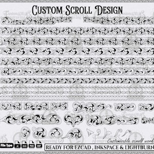 Könnte beinhalten: Ein schwarz-weißes Custom-Scroll-Design mit verschiedenen Zierornamenten. Das Bild enthält den Text "Custom Scroll Design" und "Ready for EZCAD, INKSPACE & LIGHTBURN". Dateitypen sind AI, SVG, PNG und DXF.