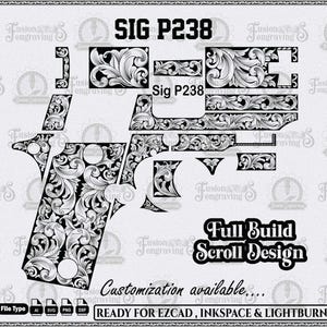 May include: Black and white scroll design for a SIG P238 firearm. The image shows the disassembled parts of the gun with intricate floral patterns. Text includes "SIG P238", "Full Build Scroll Design", and "Customization available..."