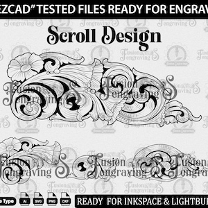 Può includere: Un download digitale in bianco e nero di un design a rotolo. Il design presenta intricati vortici e fioriture. Il design è pronto per l'uso in Inkspace e Lightburn.