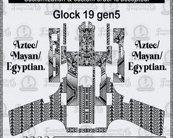 Glock 19 Gen 5 Aztec Design SVG | Egyptian Glock Frame Vector, Mayan Temple Grip Pattern.