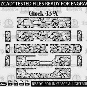 May include: A set of digital files for engraving a Glock 43X pistol grip with a floral design. The files are ready for use with Inkspace and Lightburn software. File types include AI, SVG, PNG, and DXF.