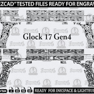 Puede incluir: Gráfico vectorial en blanco y negro de una pistola Glock 17 Gen4, con intrincados patrones de grabado floral. La imagen incluye iconos de tipo de archivo y texto: "EZCAD TESTED FILES READY FOR ENGRAVE" y "READY FOR INKSPACE & LIGHTBURN."