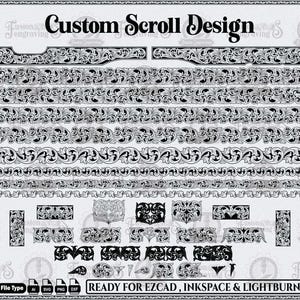May include: A collection of black and white custom scroll designs, including borders and decorative elements. The image features various scroll patterns, with the text "Custom Scroll Design" at the top. The designs are labeled as ready for EZCAD, Inkscape & Lightburn.