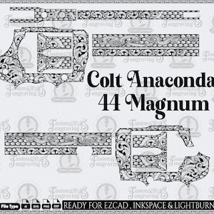 May include: Black and white graphic design for a Colt Anaconda 44 Magnum. The design includes detailed floral and snake engravings, along with the text "Colt Anaconda 44 Magnum". The design is ready for EZCAD, Inkscape, and Lightburn.