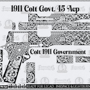 May include: Black and white vector graphic of a Colt 1911 Government .45 ACP pistol design, featuring intricate floral and scrollwork engravings. The image includes the text "1911 Colt Govt. 45 Acp" and "Colt 1911 Government".