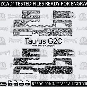 May include: Black and white floral engraved design files for a Taurus G2C 9mm Luger Compact. The image includes various file types, including AI, SVG, PNG, and DXF, ready for Inkscape and Lightburn.
