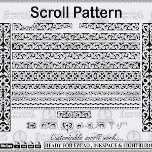 May include: Black and white scroll pattern design elements. The image features various scroll patterns, borders, and decorative elements. Text includes "Scroll Pattern", "Customizable scroll work...", and "READY FOR EZCAD, INKSPACE & LIGHTBURN".