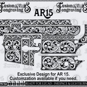 May include: Black and white floral design for an AR-15, with the text "Fusion engraving" and "AR15". The design is ready for EZCAD, INKSPACE & LIGHTBURN. The image includes the text "Exclusive Design for AR 15. Customzation available if you need."