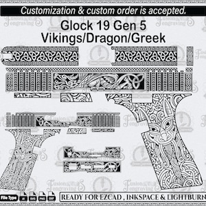 Puede incluir: Diseño gráfico en blanco y negro de una pistola Glock 19 Gen 5 con grabados de inspiración vikinga, dragón y griega. La imagen incluye el texto "Customization & custom order is accepted."