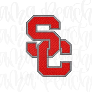 May include: Embroidered red letters "SC" with a gray outline. The letters are in a collegiate style, with a bold, blocky font. The design is centered on a white background.