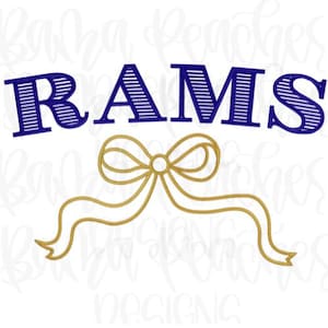 May include: A graphic design featuring the word "RAMS" in blue, stylized text with horizontal lines. Below the text is a gold bow with flowing ribbons, all set against a white background.