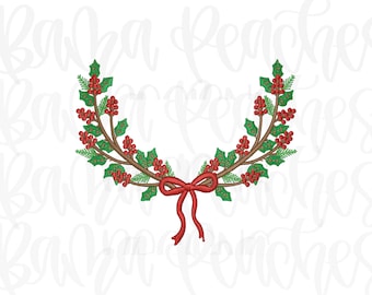 May include: A festive embroidered design of a half-wreath. The wreath features brown branches with green leaves, red berries, and a red bow. The design is perfect for holiday-themed crafts and decorations.