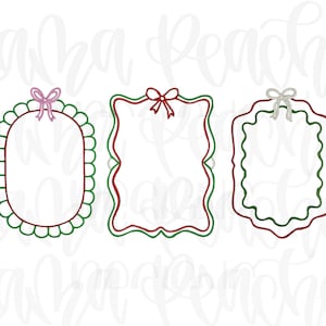 May include: Three decorative frames with bows. The frames are outlined in red and green, with a scalloped oval, a rectangular shape, and a more ornate rectangular shape. Each frame has a bow at the top in pink, red, and white.