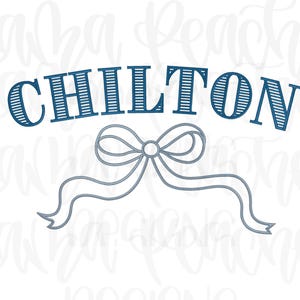 May include: A graphic design featuring the word "CHILTON" in a navy blue, arched font with vertical lines. Below the text is a light gray bow with flowing ribbons, all set against a white background.