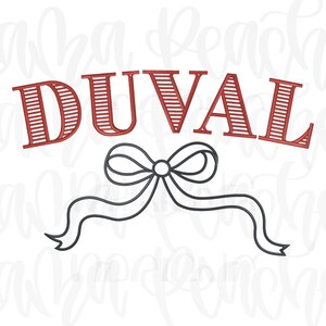 May include: A graphic design featuring the word "DUVAL" in red, outlined letters with a striped fill, arched above a black bow with flowing ribbons. The design is on a white background.