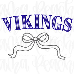 May include: A graphic design featuring the word "VIKINGS" in blue, stylized text with a striped pattern. Below the word is a gray bow with flowing ribbons. The design is likely for apparel or accessories.
