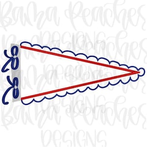 May include: A white pennant-shaped design with a red border and blue scalloped edges. Two blue bows are on the left side. The design is a digital graphic, likely for embroidery or sublimation.