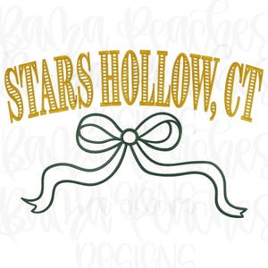 May include: Gold text reads "STARS HOLLOW, CT" above a dark green ribbon bow. The text has a decorative, vintage style. The bow is a simple, elegant design. The overall design is on a white background.