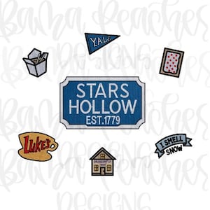 May include: Embroidered patches featuring iconic imagery. Includes a blue sign that reads "STARS HOLLOW EST. 1779", a Yale pennant, a Luke's Diner coffee cup, a Chinese food box, a Pop-Tart, a banner that says "I SMELL SNOW", and a Dragonfly Inn house.