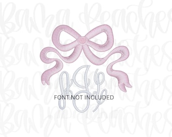 May include: A light pink embroidered bow with flowing ribbons and a three-letter monogram in light blue. The text "FONT NOT INCLUDED" is below the monogram. The design is on a white background.
