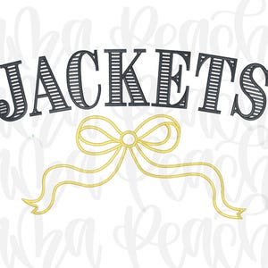 May include: A graphic with the word "JACKETS" in a dark gray, stylized font with horizontal lines. Below the word is a yellow bow with flowing ribbons. The background is white with a faint script.