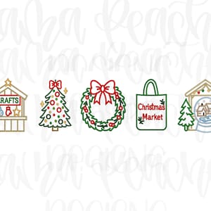 Op de afbeelding: Een verzameling kerst-thema lijntekeningen. Bevat een ambachtelijke marktkraam, een versierde kerstboom, een krans met een rode strik, een tas met de tekst "Kerstmarkt" en een sneeuwbol met een huis erin.