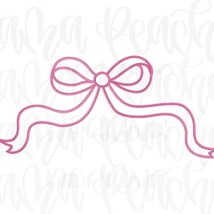 May include: A pink bow illustration with flowing ribbons. The bow is centered and detailed, with a circular knot and symmetrical loops. The ribbons extend outward, creating a decorative design on a white background.