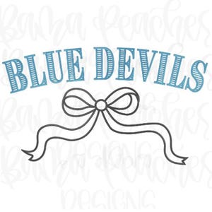 May include: A graphic design featuring the text "BLUE DEVILS" in light blue, arched above a dark gray bow with flowing ribbons. The design is set against a white background.