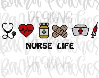May include: A graphic featuring medical symbols: a stethoscope, a heart with a heartbeat line, a pill bottle, bandages, a nurse's hat, and a syringe. The words "NURSE LIFE" are in bold, black letters.