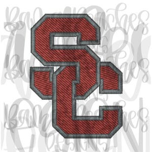 May include: Red and gray embroidered letter S with a varsity style font. The letter is outlined in gray and has a textured appearance.