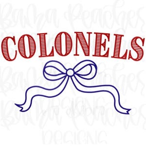 May include: A graphic design featuring the word "COLONELS" in red, outlined letters with a striped pattern. Below the word is a blue bow with flowing ribbons, all set against a white background.