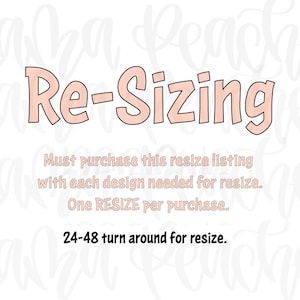 Puede incluir: Gráfico digital con el texto "Re-Sizing" en color rosa claro con un contorno negro. El texto va seguido de instrucciones sobre cómo comprar el listado de cambio de tamaño y el tiempo de respuesta.