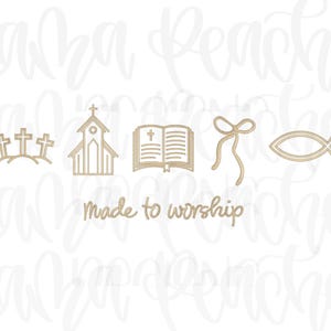 Könnte beinhalten: Eine Ansammlung goldfarbener religiöser Symbole, darunter drei Kreuze, eine Kirche, ein offenes Buch, eine Schleife und ein Fisch. Der Schriftzug "made to worship" steht darunter.