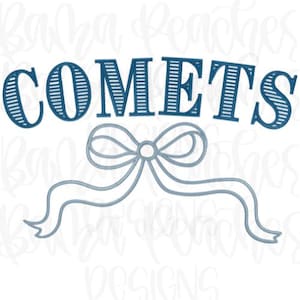 May include: A blue and white graphic design featuring the word "COMETS" in a bold, striped font above a bow and ribbon design. The design is set against a white background.