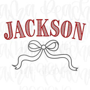 Puede incluir: Diseño gráfico con el nombre "JACKSON" en rojo, con letras estilizadas, sobre un lazo gris con cintas que fluyen. El diseño está sobre un fondo blanco, adecuado para diversas aplicaciones.
