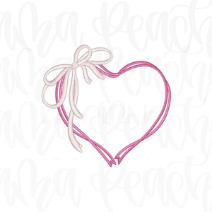 May include: A pink heart-shaped design with a white bow at the top. The heart is outlined with two parallel lines, and the bow has long, flowing ribbons. The design is likely for crafts or embroidery.