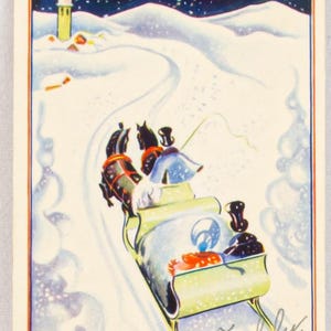 Stara szwedzka pocztówka „God Jul och Gott Nytt År”. Lata 40. Motyw: Nocna przejażdżka saniami w zimowym krajobrazie.