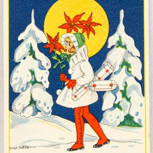 Piccola cartolina d'auguri di Natale svedese d'epoca - una ragazza che cammina in un paesaggio invernale con fiori e regali - God Jul och Gott Nytt År