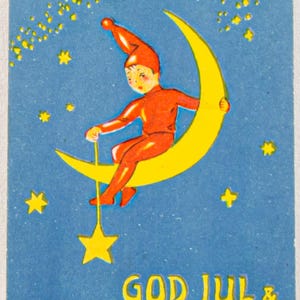 Piccola cartolina d'auguri natalizi svedese vintage - anni '30 - gnomo seduto sulla luna con in mano una stella - Dio Jul och Gott Nytt År
