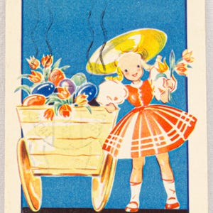 Cartão sueco vintage de Feliz Páscoa, "Glad Påsk". 1938. Motivo: Menina e carroça com flores e ovos.