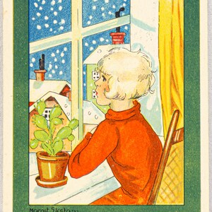 Petite carte postale vintage de voeux pour le Nouvel An suédois - une fille regardant la neige qui tombe - God Jul Gott Nytt År - Margit Ekstam