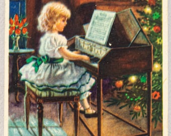 *アンティークポストカード　クリスマスにピアノを奏でる少女とママ 素敵なアンティーク/ヴィンテージのスウェーデンのクリスマス