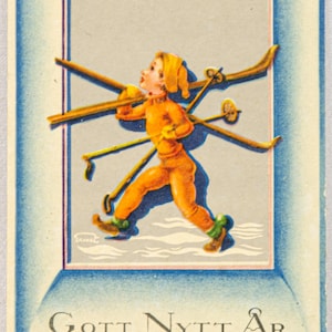 Piccola cartolina d'auguri vintage per il capodanno svedese - un ragazzo in una cornice che trasporta gli sci nella neve - Gott Nytt År