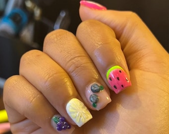 Hand Painted 3D Fruit Press On Nails | Short Square Fake Nails, Summer Vibes