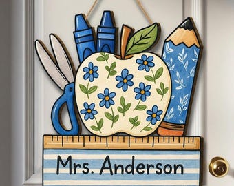 Floral Apple Classroom Decor,Personalized Teacher Door Sign,Chinoiserie Teacher Gift, Custom Pencil Ruler Plaque,   Back to School Wood Sign