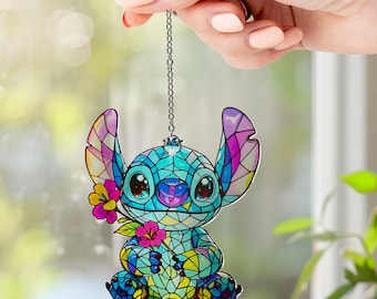 Stitch Ohana con ornamento acchiappasole floreale, acchiappasole, decorazione da appendere alla finestra, acchiappasole floreale in acrilico Stitch, Stitch colorato