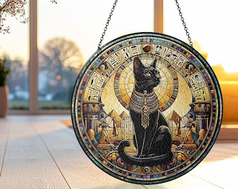 Łapacz słońca z wizerunkiem egipskiej bogini Bastet, wiszący na ścianie, akrylowy łapacz słońca z wizerunkiem egipskiego kota, prezent w kształcie piramidy dla miłośników kotów