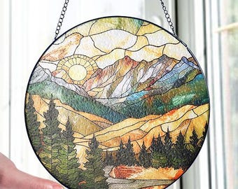 Mountain Range Stained Glass Suncatcher, Nature Suncatcher For Window Hanging, Stained Glass Window Decor, Sunset Lover Home Decoration