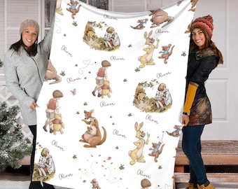 Spersonalizowany klasyczny kocyk Kubusia Puchatka, kocyk w stylu vintage z misiem, prezent na baby shower, kocyk neutralny płciowo, prezent na 3. urodziny